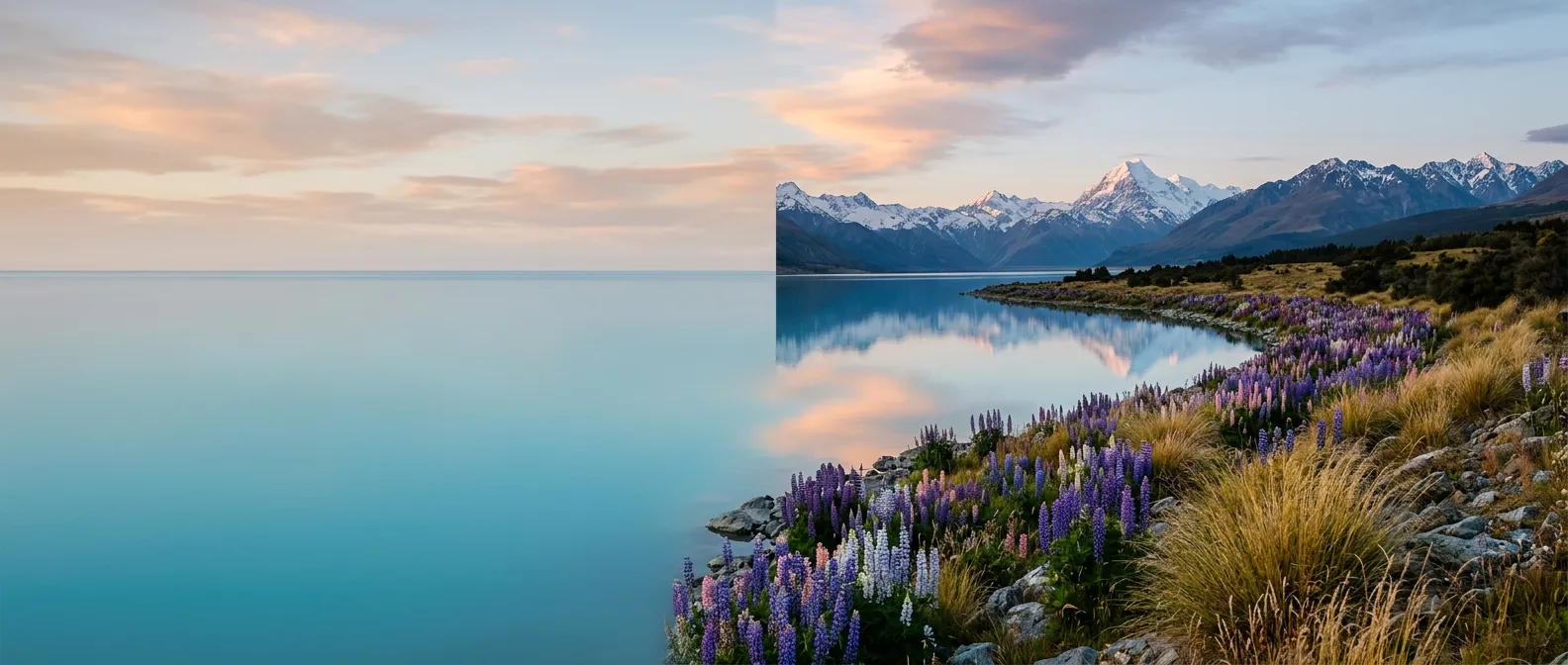 Lake Pukaki in the Mackenzie Basin, with Aoraki Mount Cook beyond the turquoise water