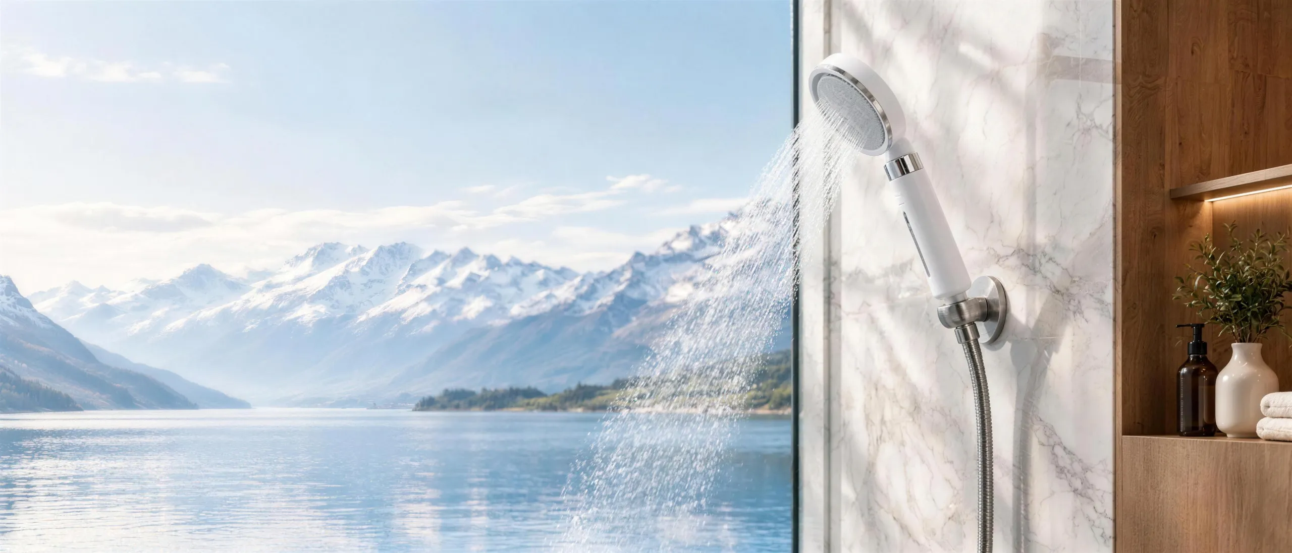 A white Doulton shower filter in a marble bathroom with a window onto an alpine lake and mountains