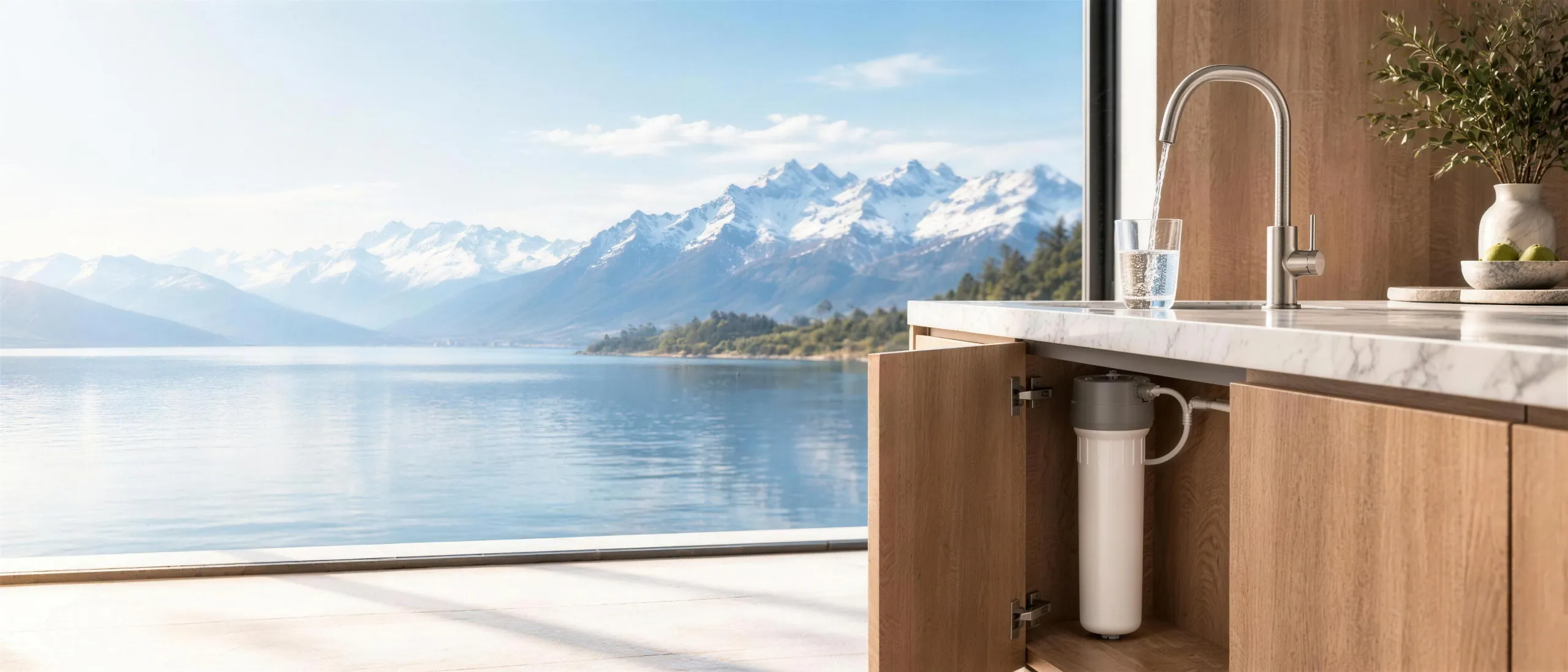 A filtered water tap on a marble bench with a Doulton underbench filter in the open cabinet below and a lake view behind