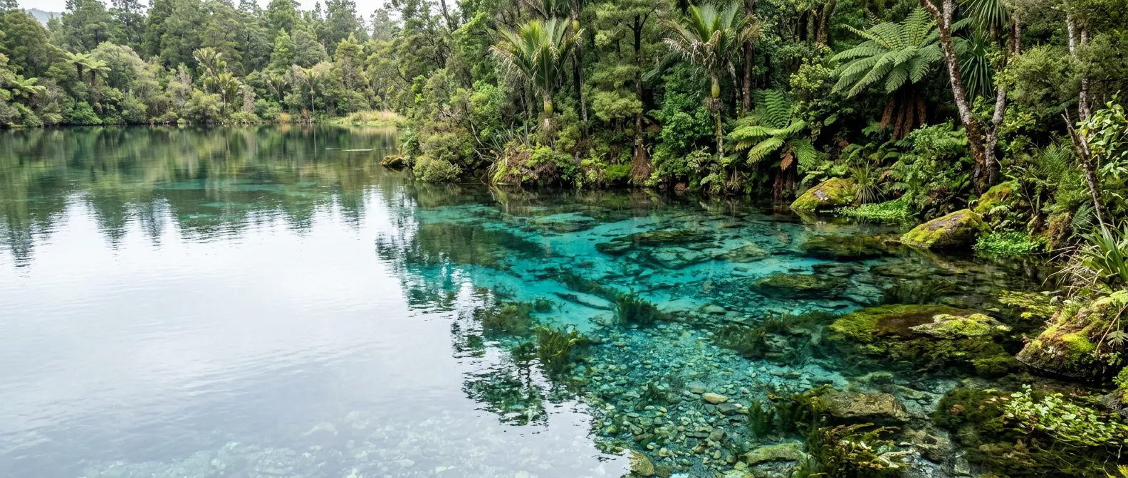 Clear spring water running over stones in New Zealand bush